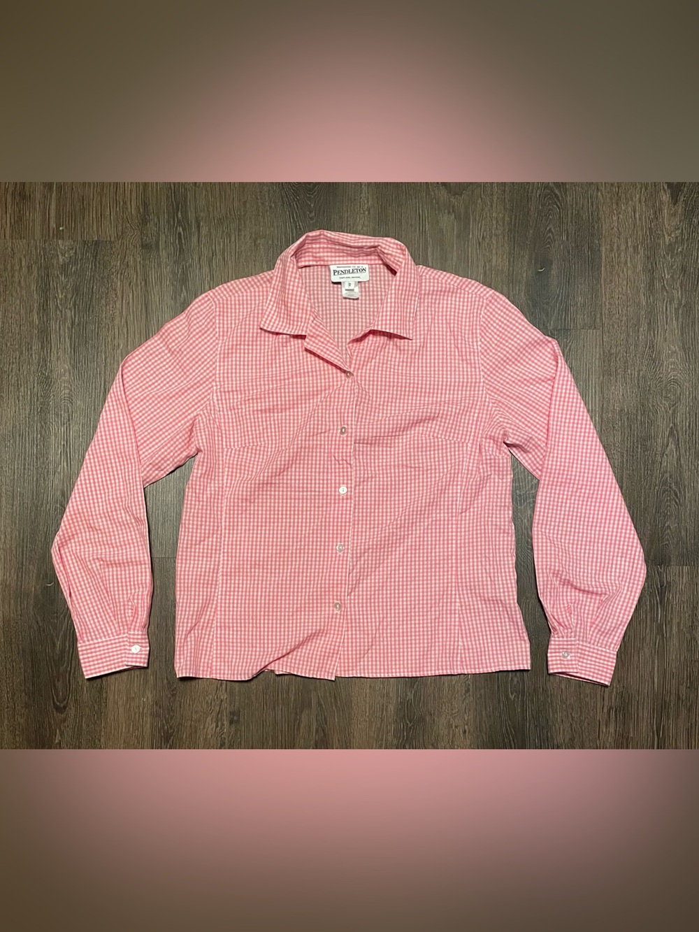 Women’s Pendleton Top Pink & White Checkered Long Sleeve Button Down Shirt 12